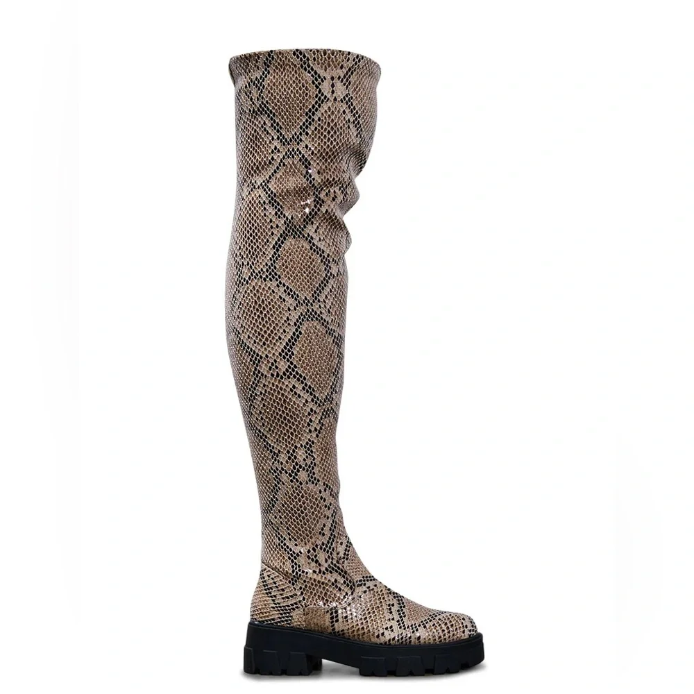 AZALEA WANG Brown Snake Print Thigh High Boots